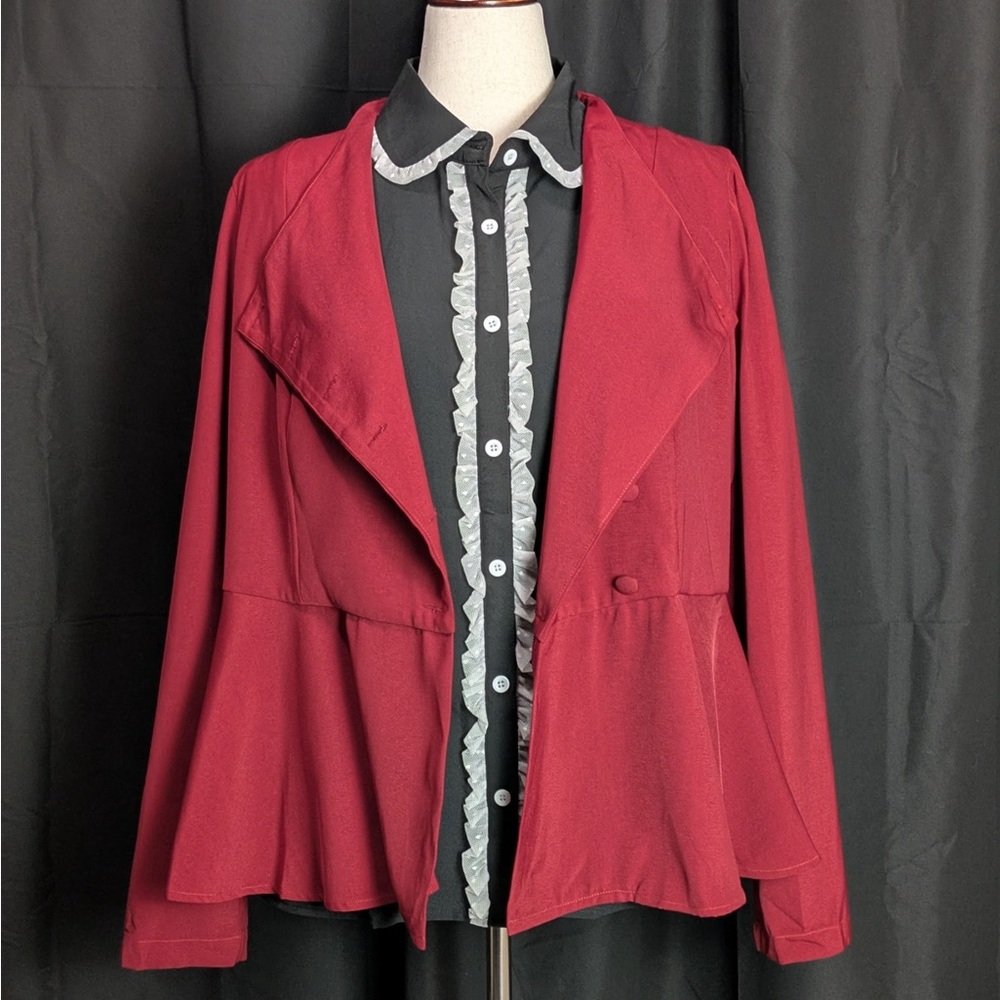 Vintage Black Ruffle White Trim Button Up Blouse - Picture 4 of 7